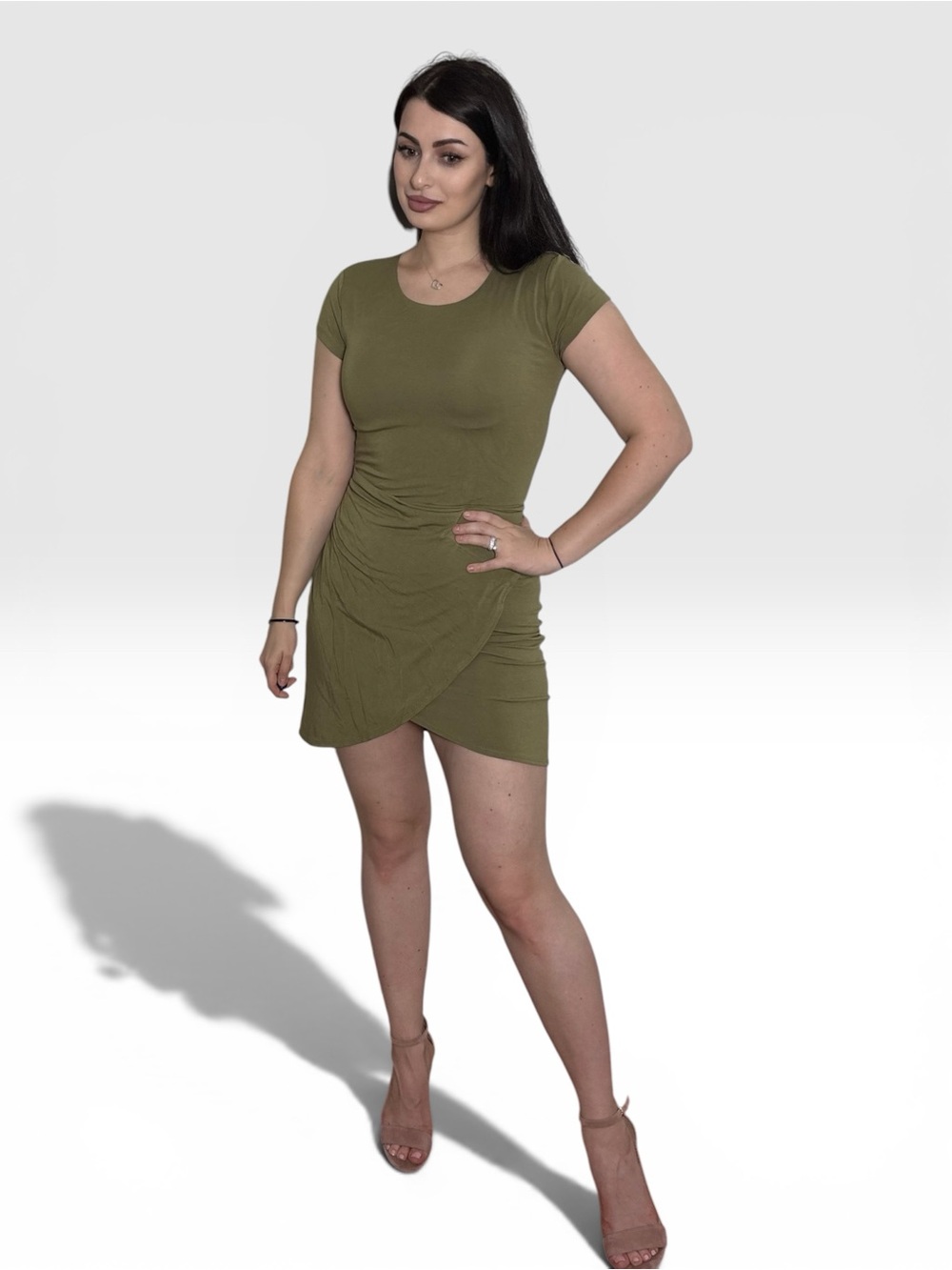 NWOT Aritzia Wilfred Olive Green Ruched Tie Waist Mini Dress Size M